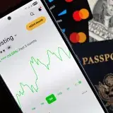 Smartphone showing stock market app with travel essentials: passport, money, and cards.