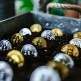 Closeup of bitcoin coins buried in soil, symbolizing digital currency and investment growth.