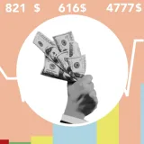 Illustration of man with money in circle above static graph of world economic growth