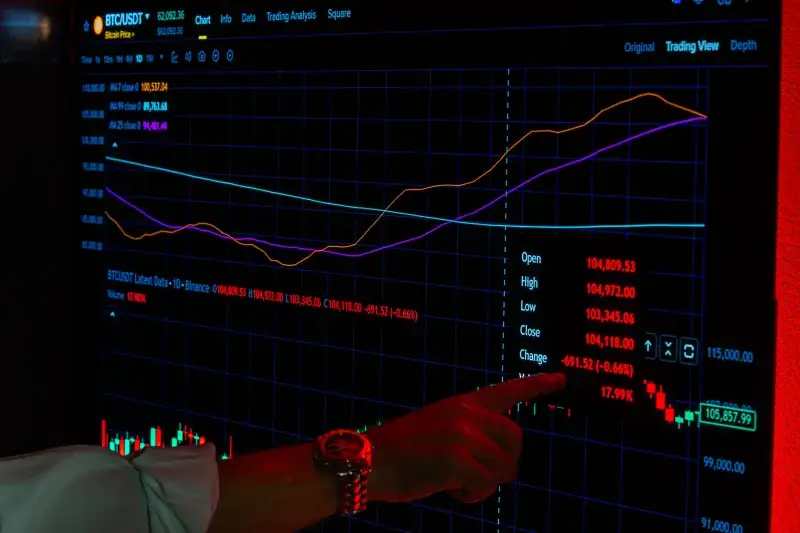 A hand points to cryptocurrency graphs on a trading screen indicating market analysis.