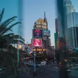 Vibrant view of New York-New York Hotel on Las Vegas Strip at sunset.