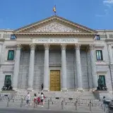 View of the Congreso de los Diputados, a neoclassical landmark in Madrid, Spain.
