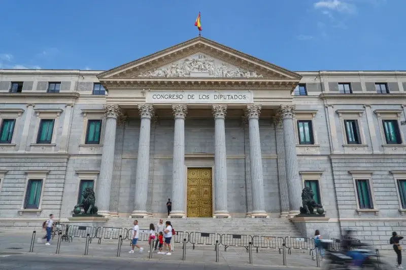 View of the Congreso de los Diputados, a neoclassical landmark in Madrid, Spain.