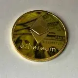 Close-up of a shining Ethereum coin reflecting a dollar bill, symbolizing digital currency and wealth.