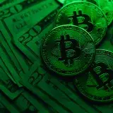 Close-up of Bitcoin coins on US dollar bills, showcasing cryptocurrency's value.
