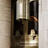 Elegant art deco entrance of JP Morgan Chase Building in downtown Houston, Texas.
