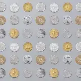 A seamless pattern of various cryptocurrency coins in gold and silver tones.
