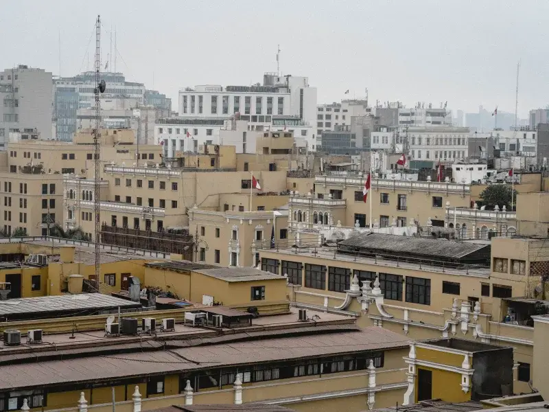 Aerial view of the historic urban landscape in Lima, Peru, showcasing classic architectural styles.
