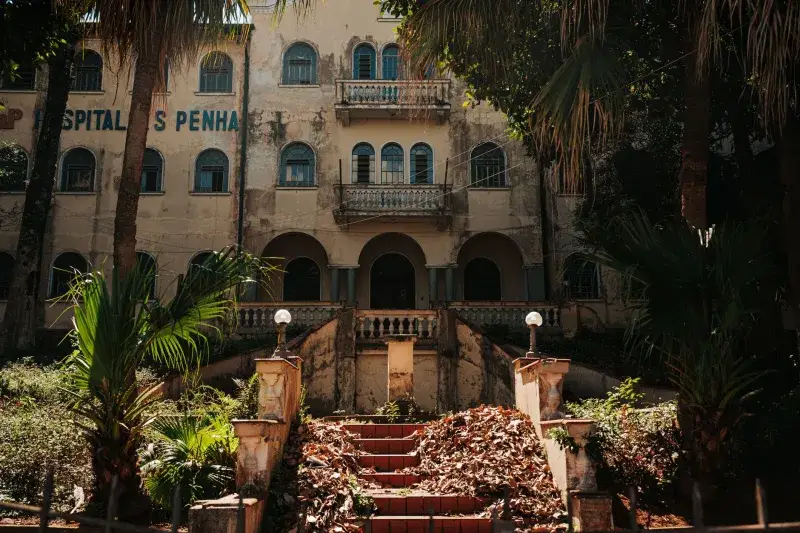 Haunting facade of an abandoned hospital in São Paulo, Brazil.