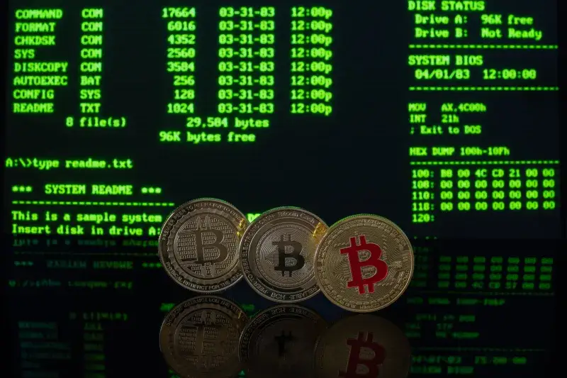 Bitcoin coins in front of a vintage computer screen displaying DOS commands, symbolizing digital currency.