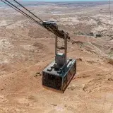 Vista aérea de un teleférico que asciende a Masada con vistas panorámicas del desierto judáico en Israel.