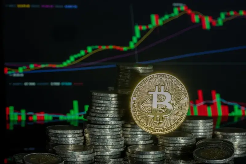 Stacked Bitcoin coins in front of a financial growth graph, symbolizing digital currency investment trends.