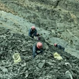 Workers with helmets collecting stones in a rocky quarry, an aerial perspective.
