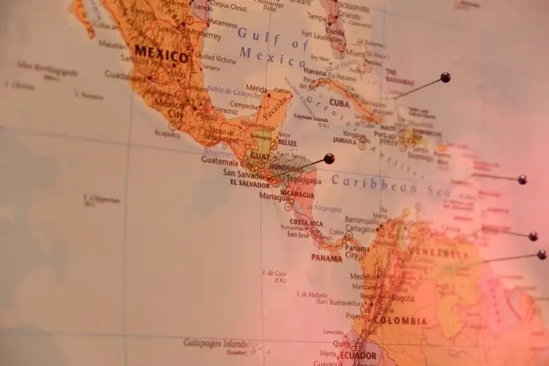Close-up of a marked map of Central America, featuring countries like Mexico and Colombia.