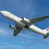 Low angle shot of a white airplane flying high, clear blue sky backdrop.