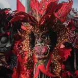 Close-up of a colorful Diablo Congo mask at the Portobelo festival, showcasing cultural vibrancy.
