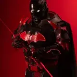 Vibrant Batman-inspired samurai cosplay with glowing eyes, set against a striking red backdrop.