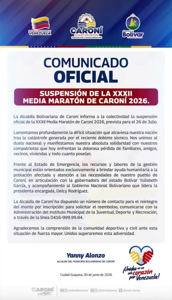 Caroní aplaza su media maratón de 2026 por la emergencia tras el doblete sísmico