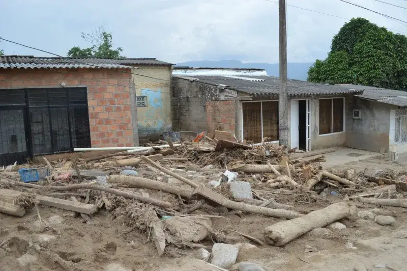Rural village houses damaged by flood debris in Mocoa, Colombia.