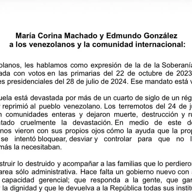 Publicación de Instagram de María Corina Machado
