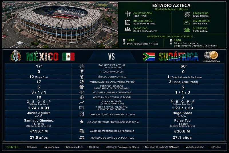México y Sudáfrica se enfrentan en el Estadio Azteca este jueves 11 de junio