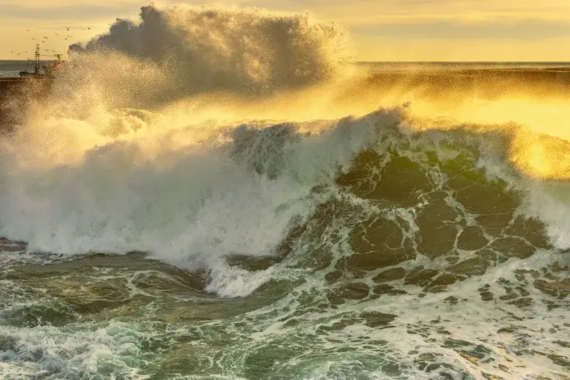 Powerful ocean waves crashing at sunset in Porto, Portugal, capturing nature's raw beauty.