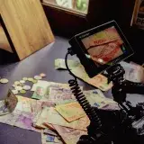 Film setup on table with mixed currency notes and coins, artistic shot.