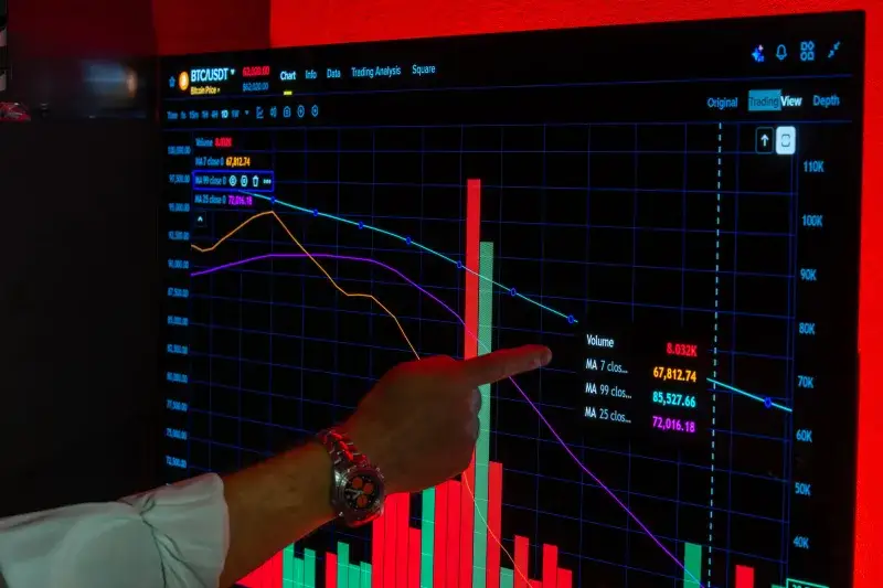 A detailed look at a male hand pointing at a graph displaying Bitcoin market trends on a digital trading screen.