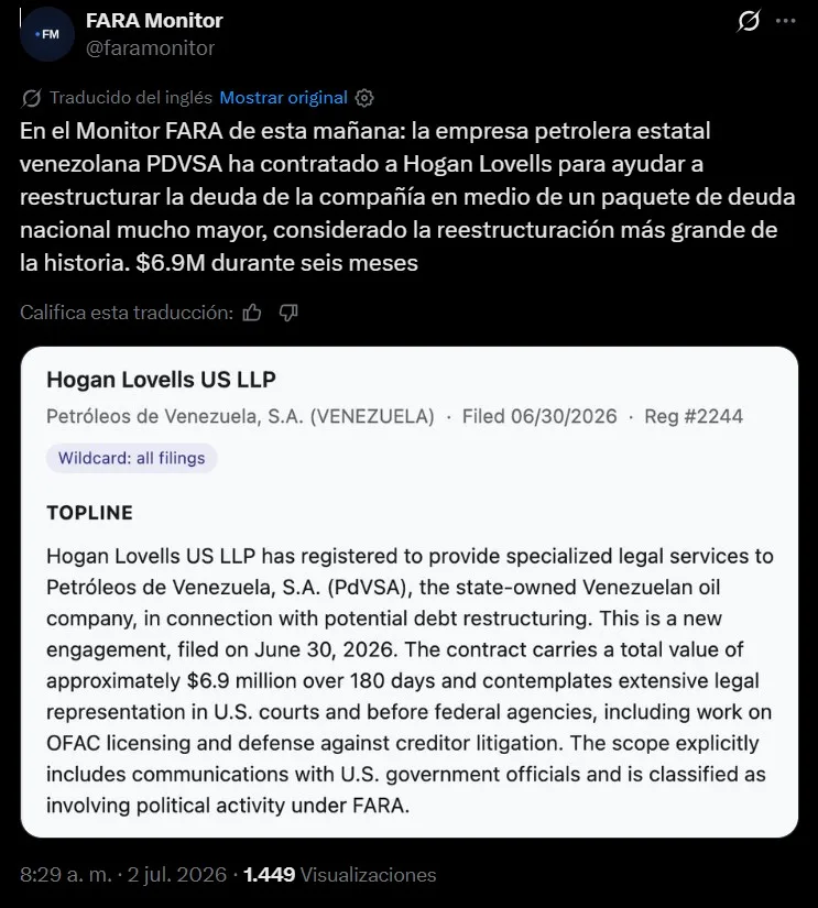 Pdvsa inscribió en EE UU a Hogan Lovells para su eventual reestructuración de deuda