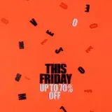 Promoción de venta del Black Friday en negrita con letras dispersas sobre un fondo naranja brillante.
