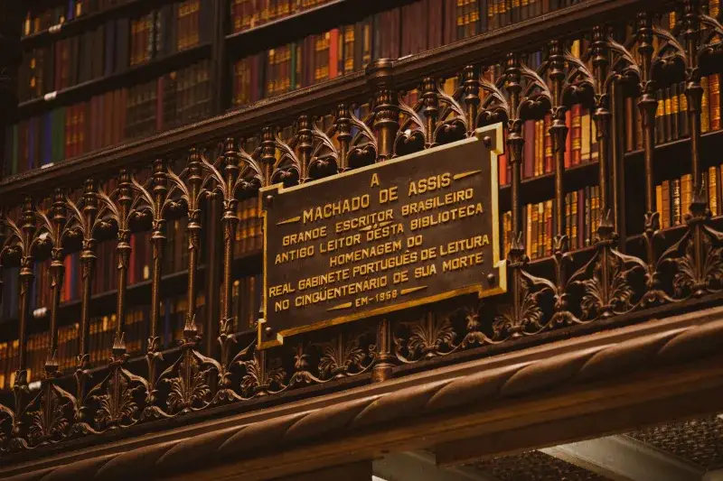 Close-up of a plaque honoring Machado de Assis at the Real Gabinete Portugues De Leitura in Rio de Janeiro.