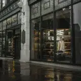 Stylish Gucci storefront in Detroit reflecting urban elegance on a rainy day.