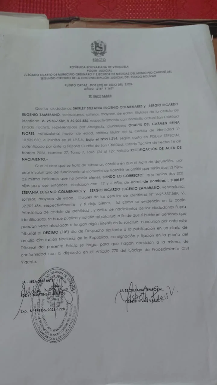 Tribunal de Caroní publica edicto por rectificación de acta