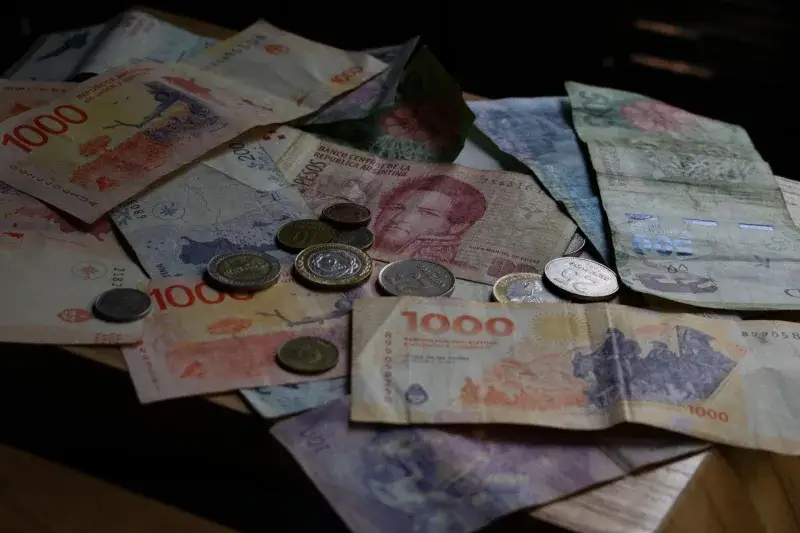 A collection of Argentine banknotes and coins displayed on a wooden table.