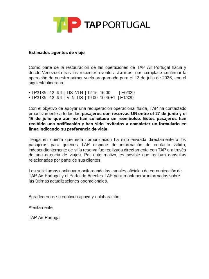 TAP Air Portugal retoma vuelos a Venezuela tras sismos