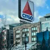 Famous CITGO sign with urban cityscape in Boston, Massachusetts.