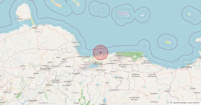 Mapa del epicentro — El mar Caribe, al norte de Maracay