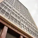 Low-angle view of Banco de la República building in Bogotá, Colombia.