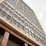 Low-angle view of Banco de la República building in Bogotá, Colombia.