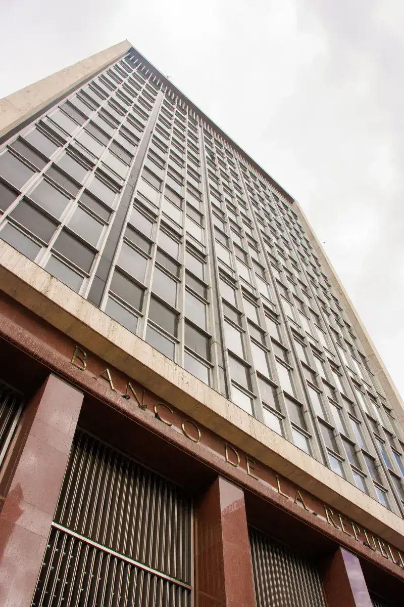 Low-angle view of Banco de la República building in Bogotá, Colombia.