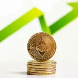 Stacked Ethereum coins with upward arrow indicating growth in digital currency market.