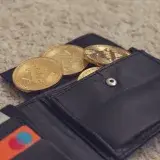 Close-up of bitcoins and credit cards inside a leather wallet, representing digital currency and finance.