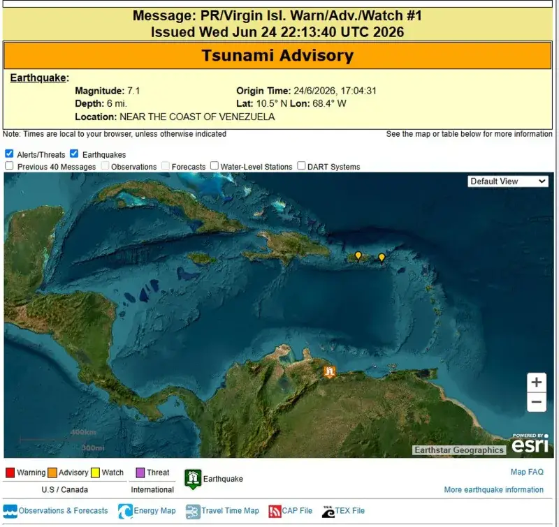 EE UU canceló alerta de tsunami para Puerto Rico tras sismo en Venezuela