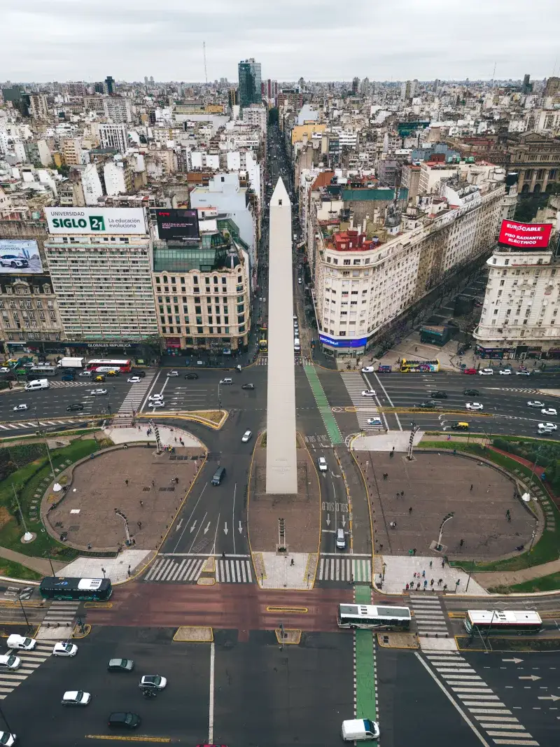 High-angle view of The Obelisk and surrounding cityscape in Buenos Aires, Argentina.