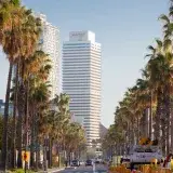 Escena urbana en Barcelona con palmeras y rascacielos en un día soleado.
