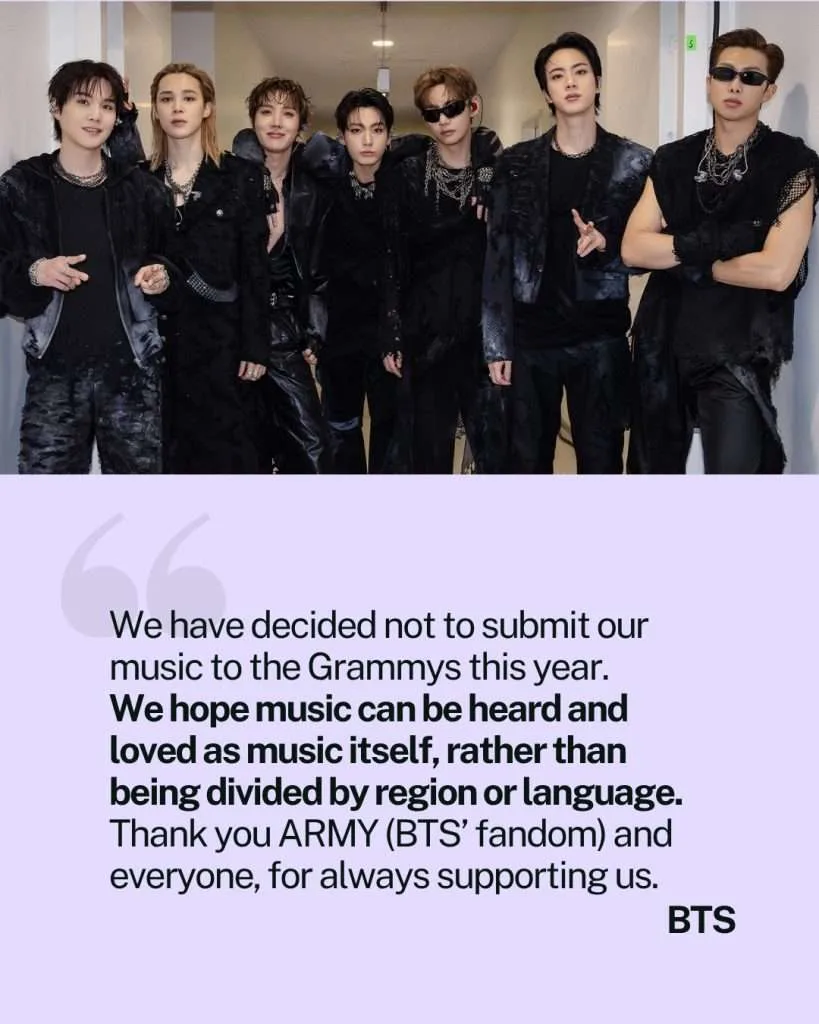 BTS se aparta de los Grammy 2027 tras el nuevo premio asiático