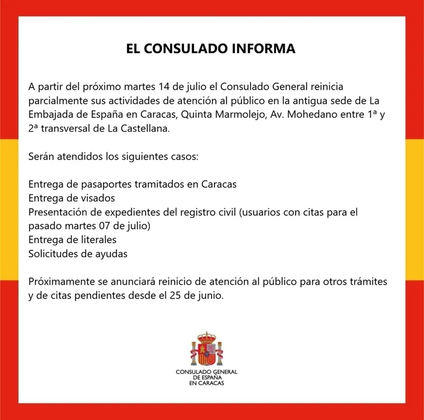 Consulado español en Caracas reabre servicios el 14 de julio