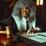 Female judge in a courtroom setting, focusing on legal documents with a gavel.