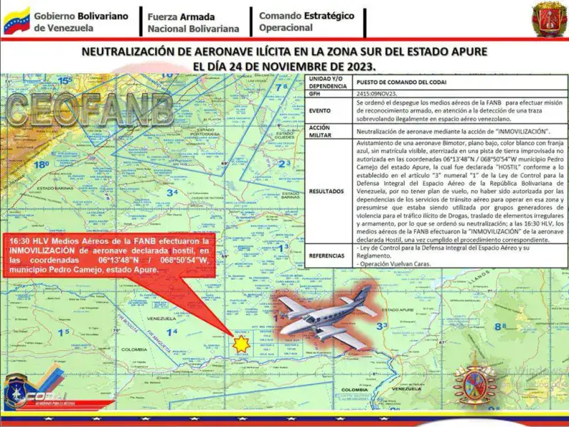 FANB inmoviliza aeronave vinculada con narcotráfico en Apure