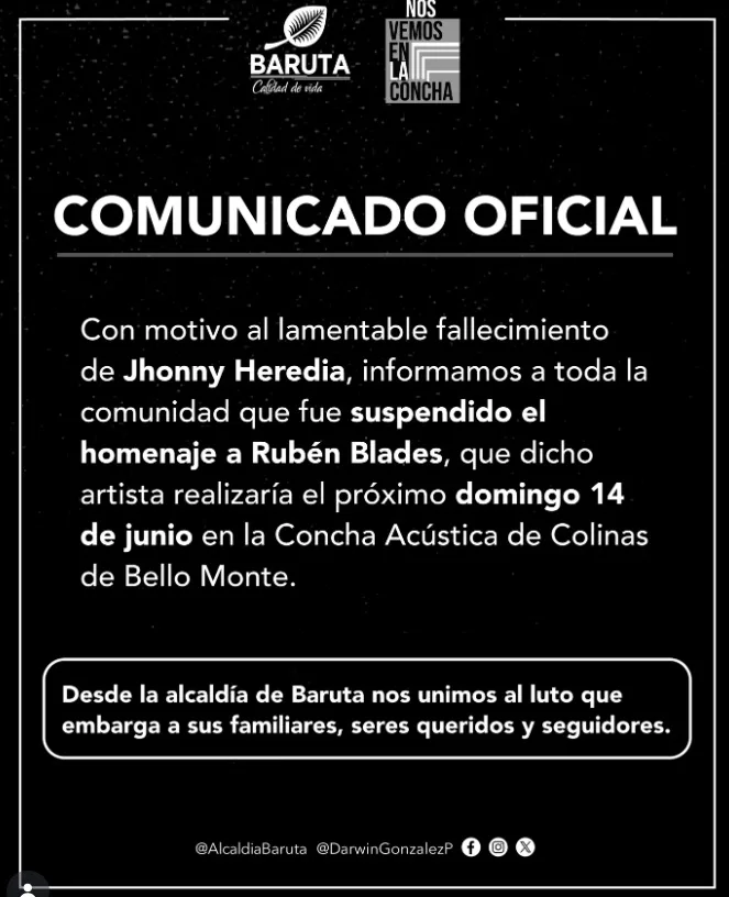 Alcaldía de Baruta suspendió homenaje a Rubén Blades tras la muerte de Jhonny Heredia